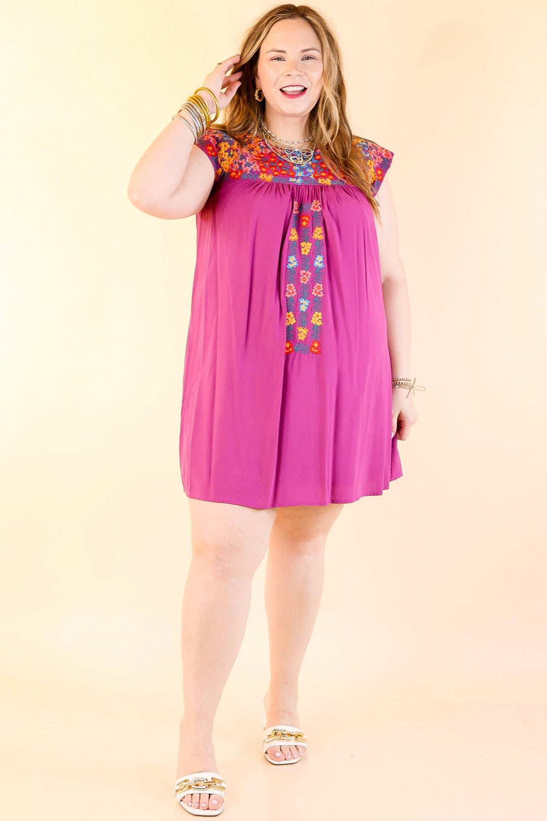 Headed For Happy Floral Embroidered Cap Sleeve Dress in Magenta Purple