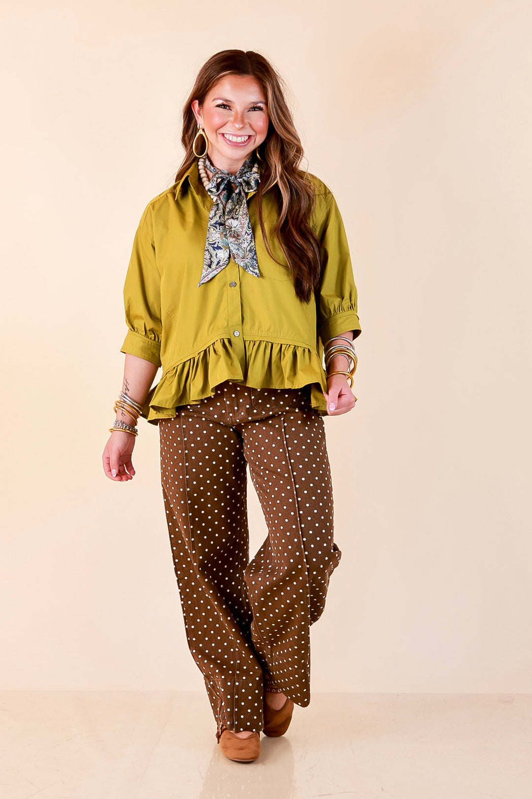 Style Agenda Solid Button Down Peplum Top in Chartreuse Olive Green