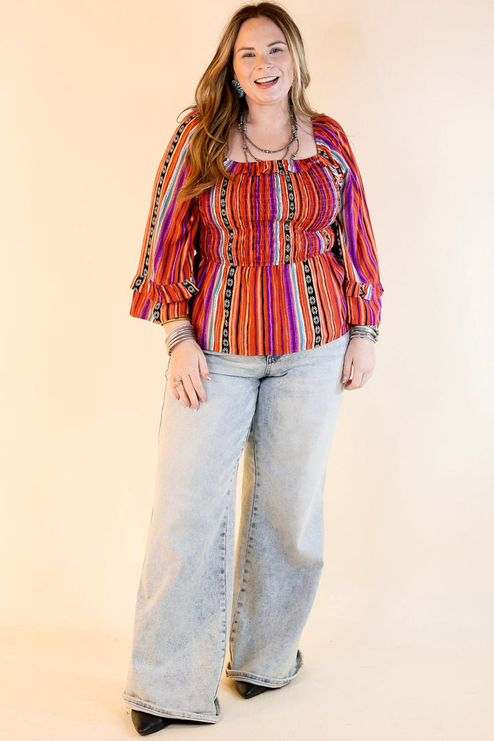 Blissful Break Serape Print Peplum Top with Smocked Bodice in Rust Orange Mix