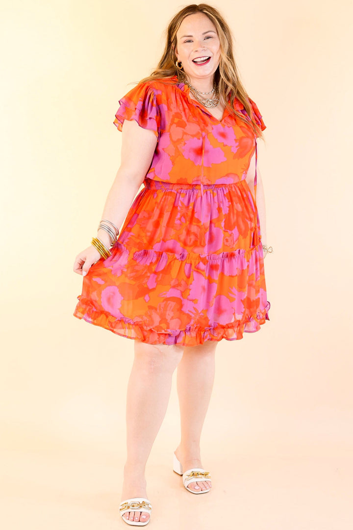 Girl On Fire Ruffle Sleeve and Tie Neck Dress in Orange and Purple