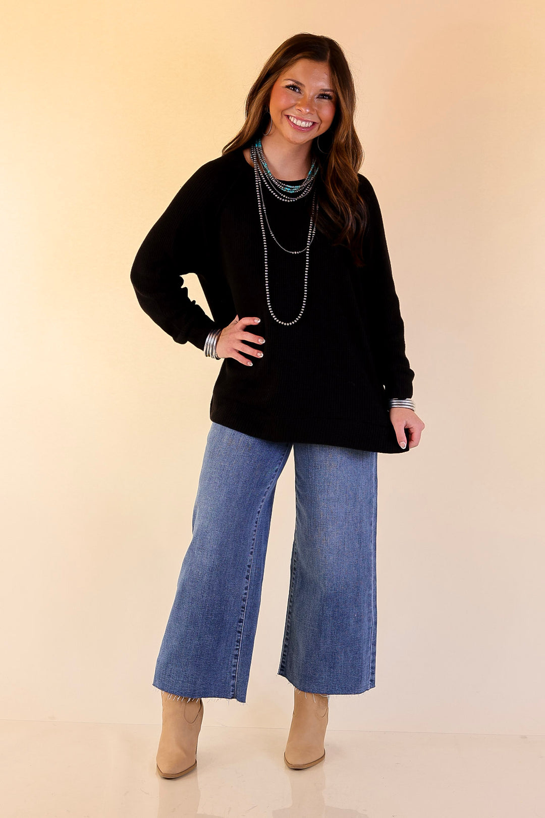 Essentially Chic Waffle Knit Long Sleeve Scoop Neck Top in Black