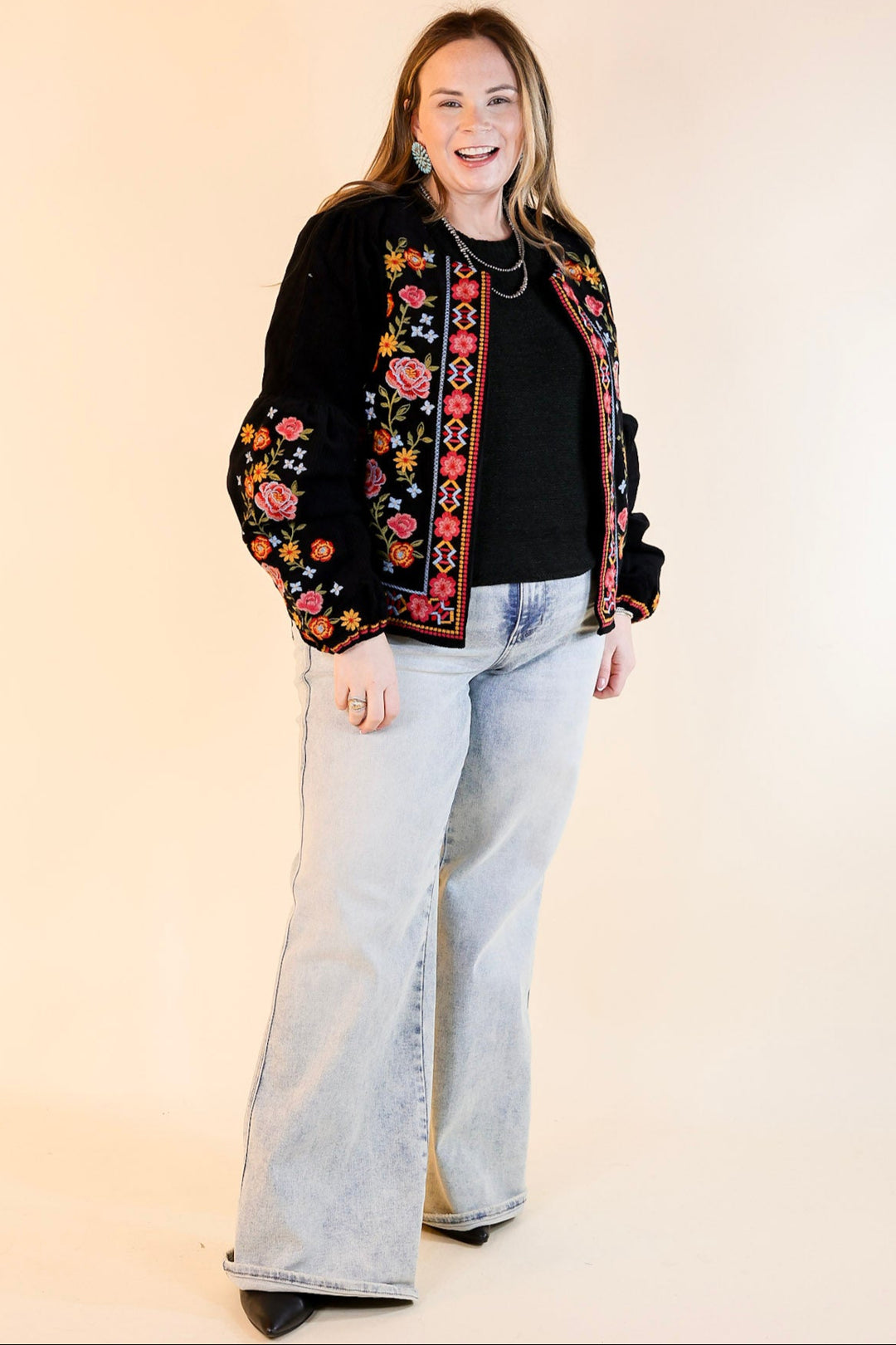 More To Say Corduroy Floral Embroidered Jacket in Black