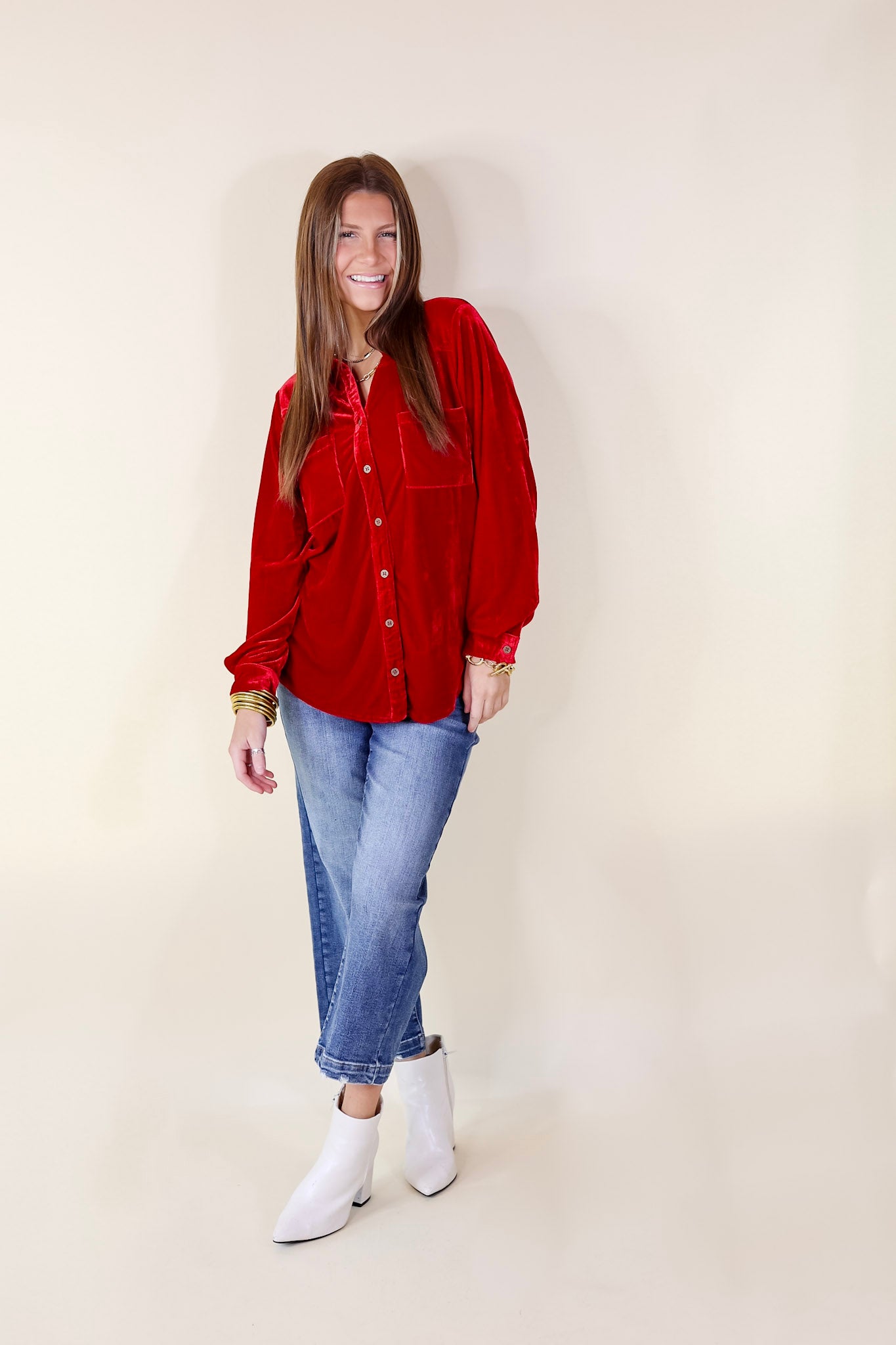 Candy Apple Evening Button Up Velvet Long Sleeve Blouse in Red - Giddy Up Glamour Boutique