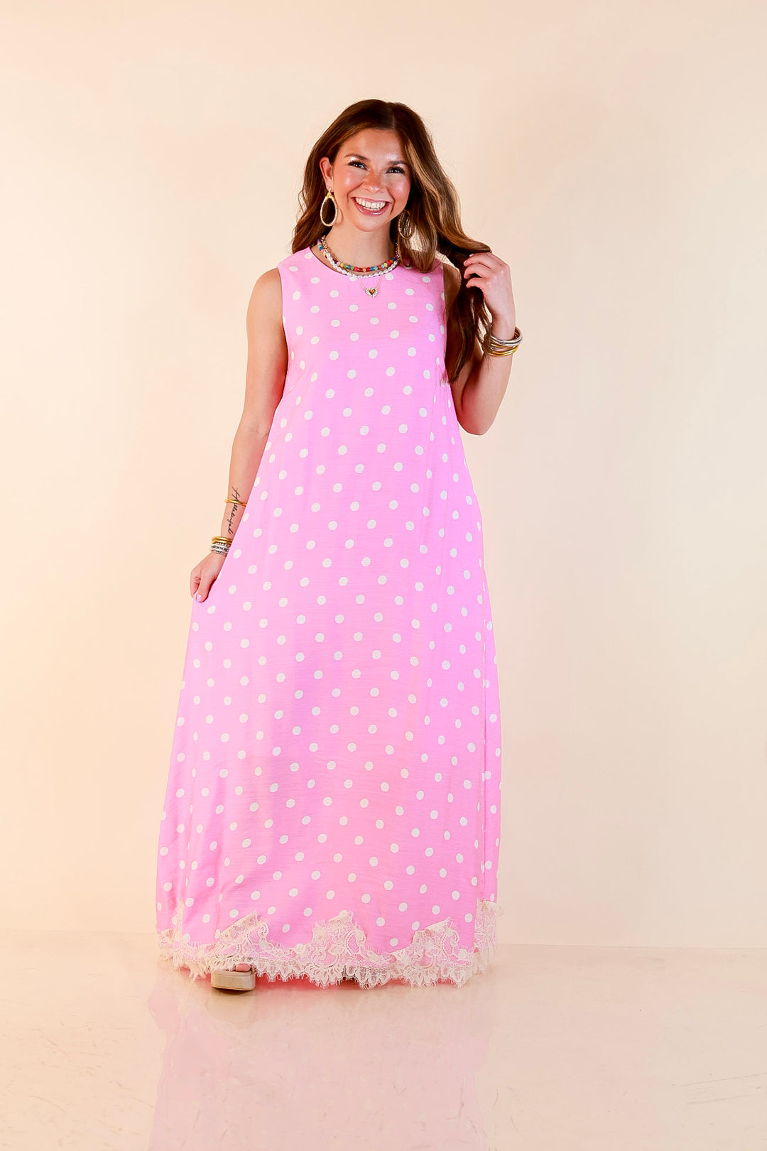 Sweet Little Something Polka Dot Sleeveless Maxi Dress with Lace Trim in Pink