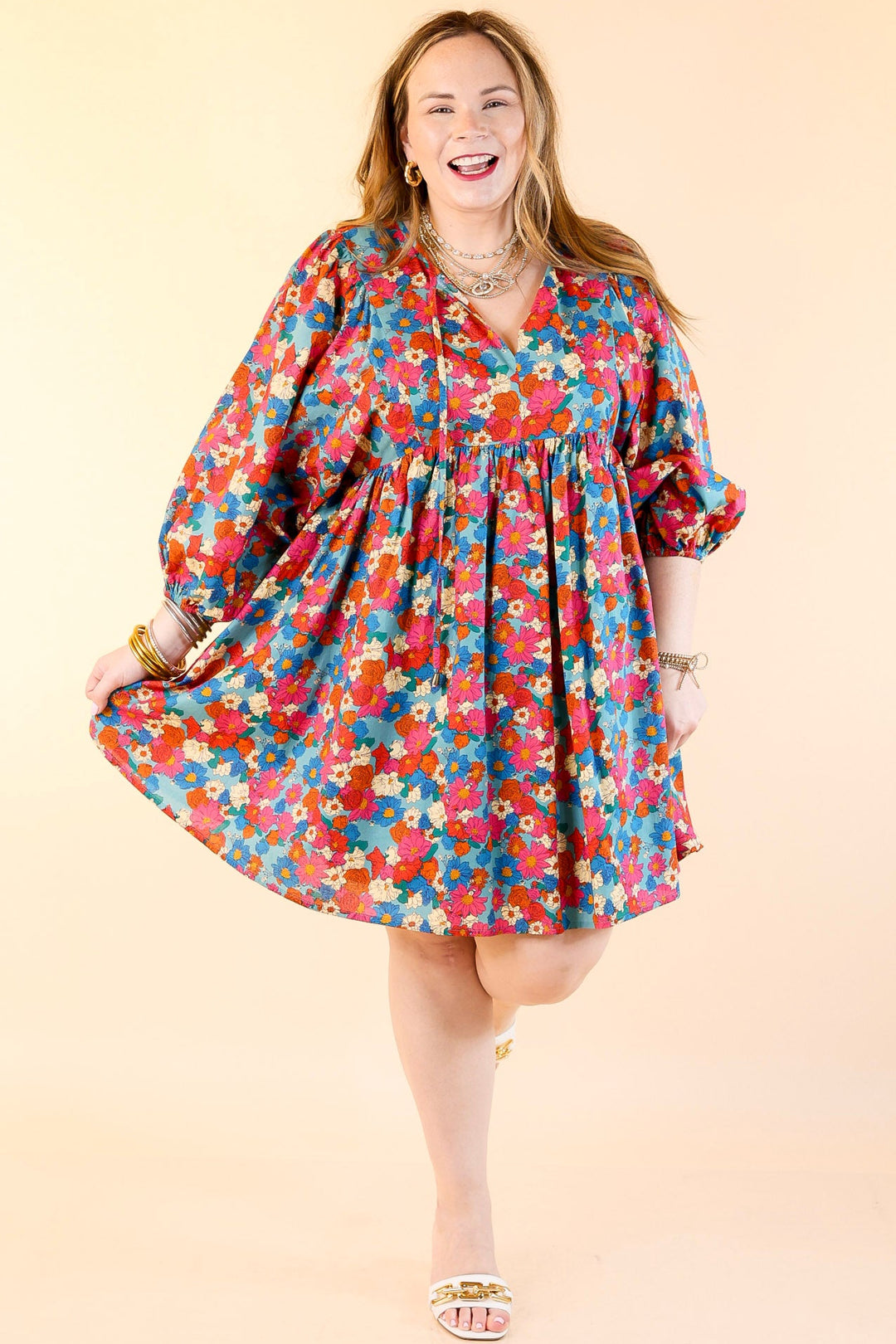 Wrapped In Love Floral Half Sleeve Dress with Keyhole Front in Turquoise