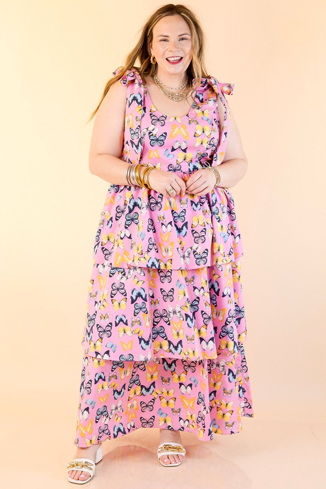 BuddyLove | Drew Tiered Midi Dress in Feelin' Butterflies Pink