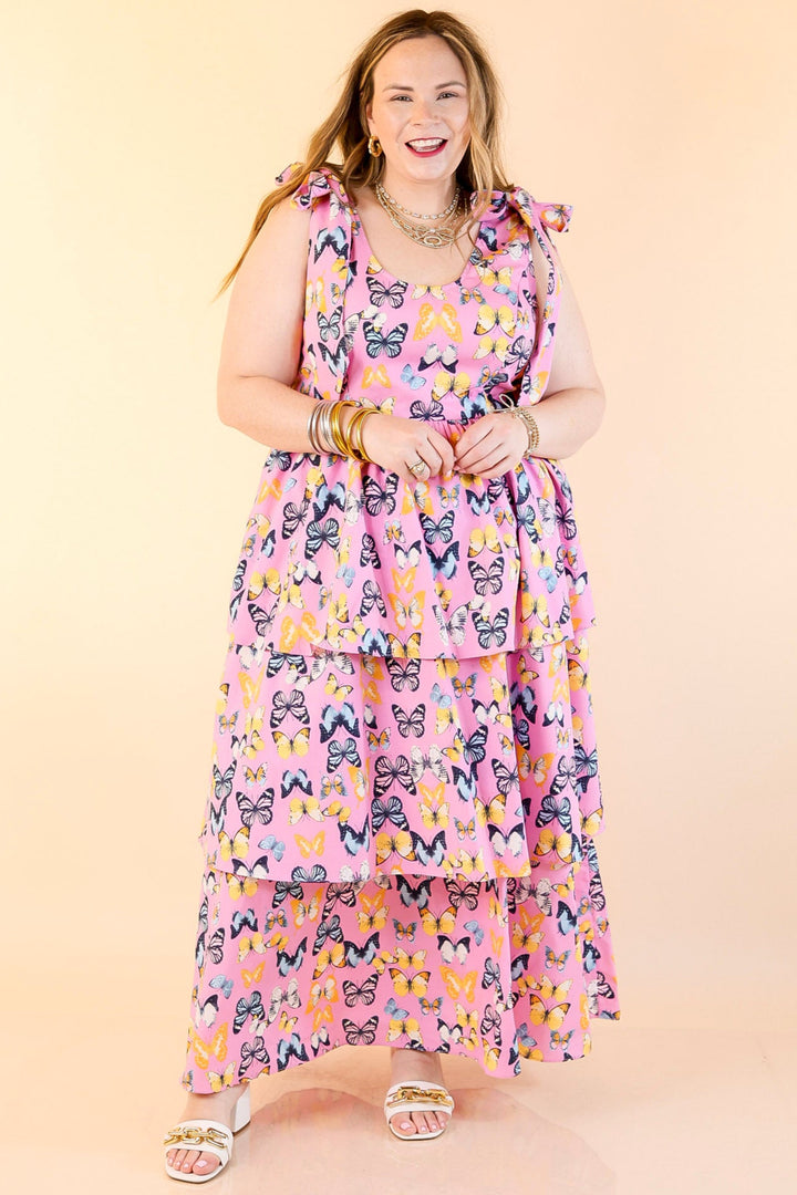 BuddyLove | Drew Tiered Midi Dress in Feelin' Butterflies Pink