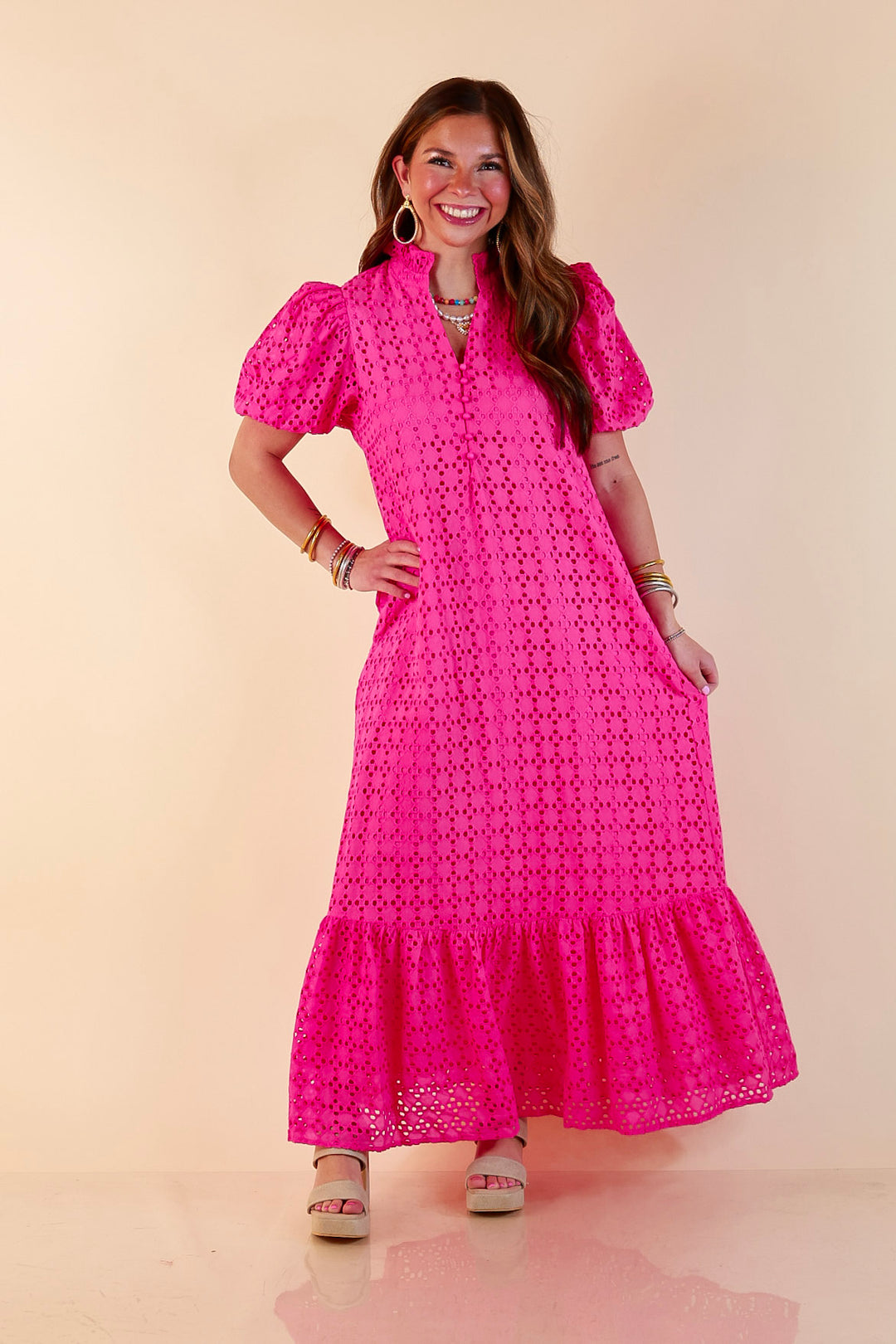 Meet Me at Sunset Eyelet Lace Puff Sleeve Tiered Maxi Dress in Hot Pink