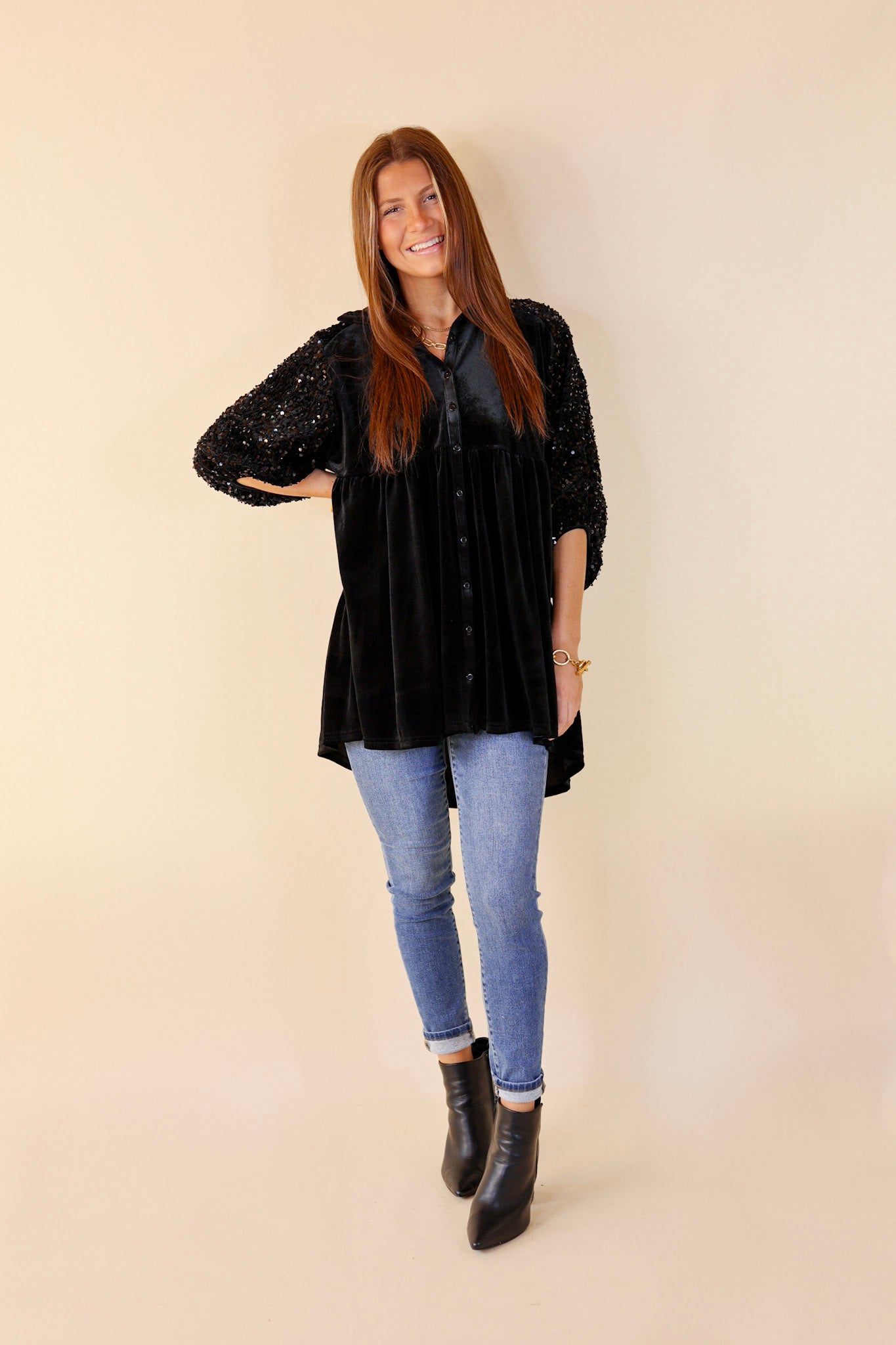 Love Link Button Up Velvet and Sequin Half Sleeve Babydoll Tunic Top in Black - Giddy Up Glamour Boutique