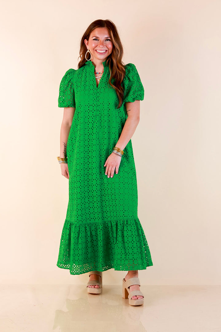 Meet Me at Sunset Eyelet Lace Puff Sleeve Tiered Maxi Dress in Kelly Green