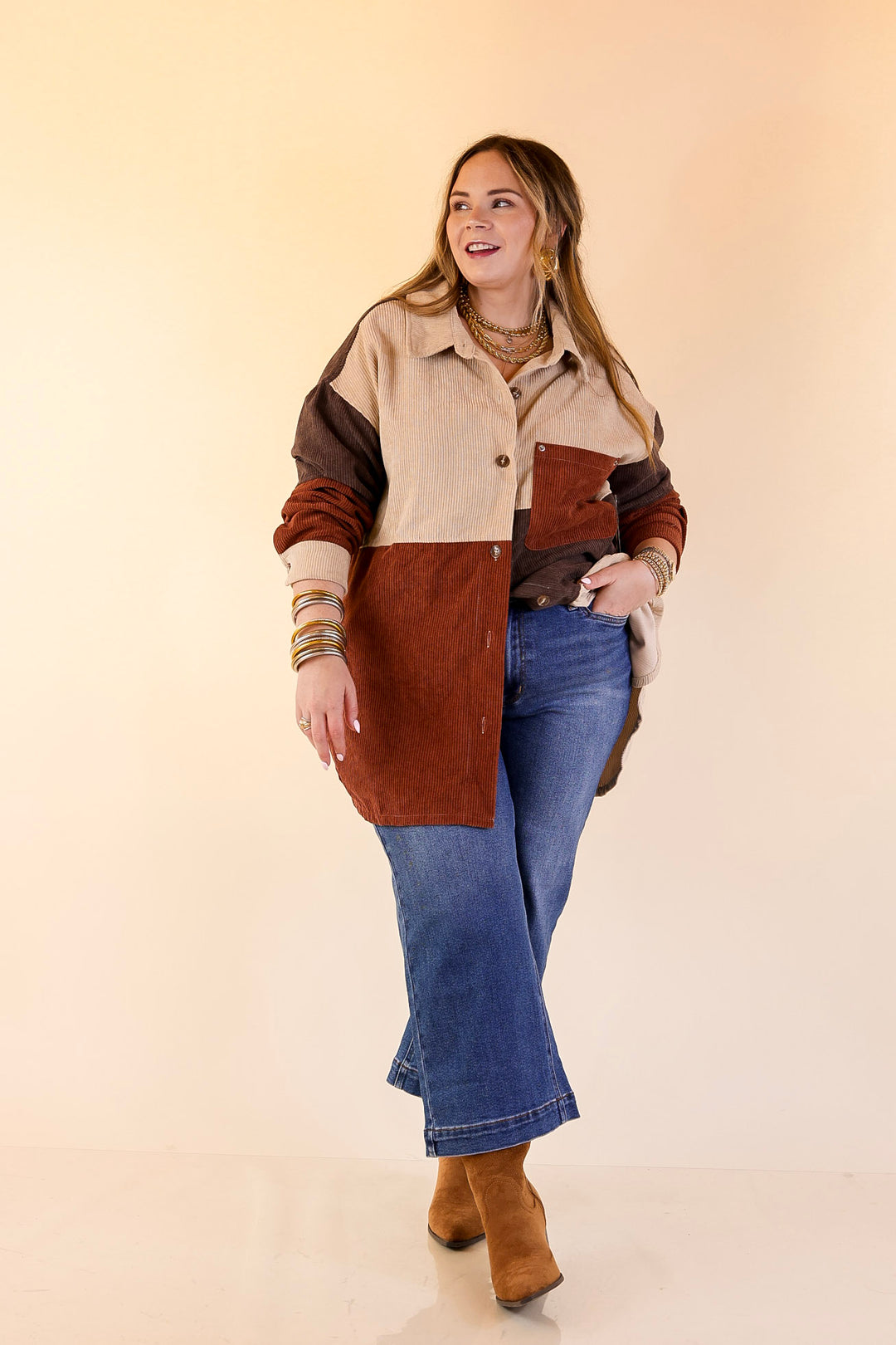 Casual Cuddles Color Block Corduroy Shacket in Brown Mix
