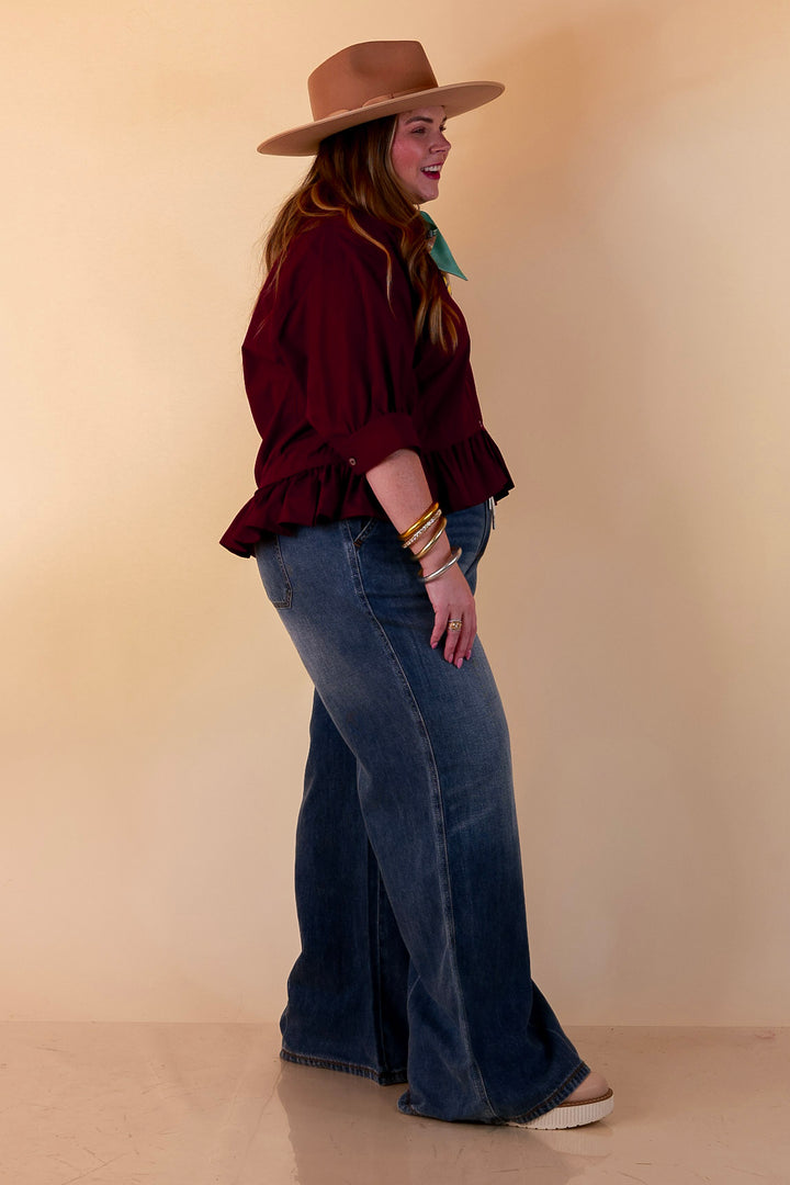 Style Agenda Solid Button Down Peplum Top in Maroon