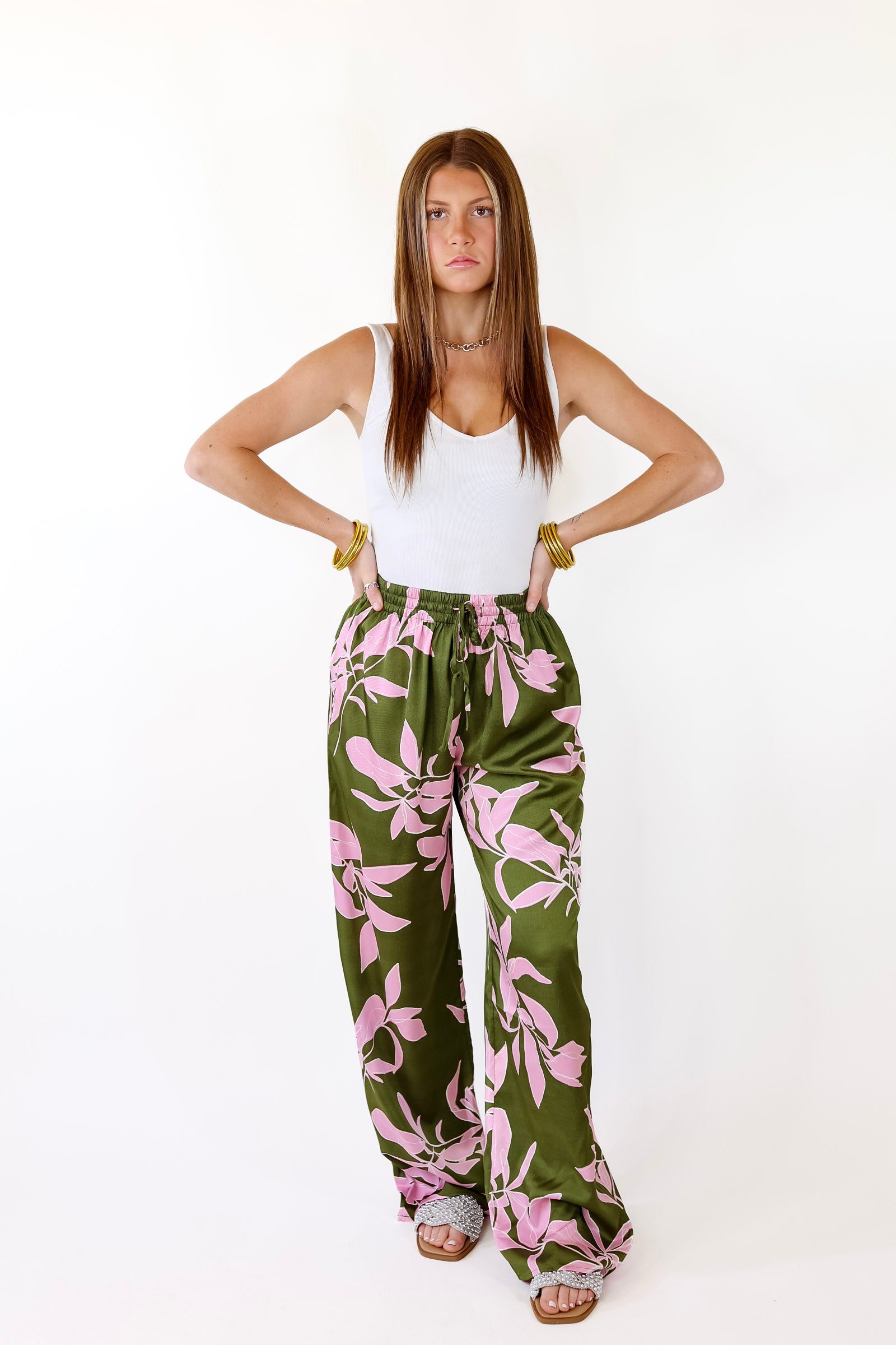Calm and Collected Drawstring Bottoms with Pink Leaves in Olive Green - Giddy Up Glamour Boutique