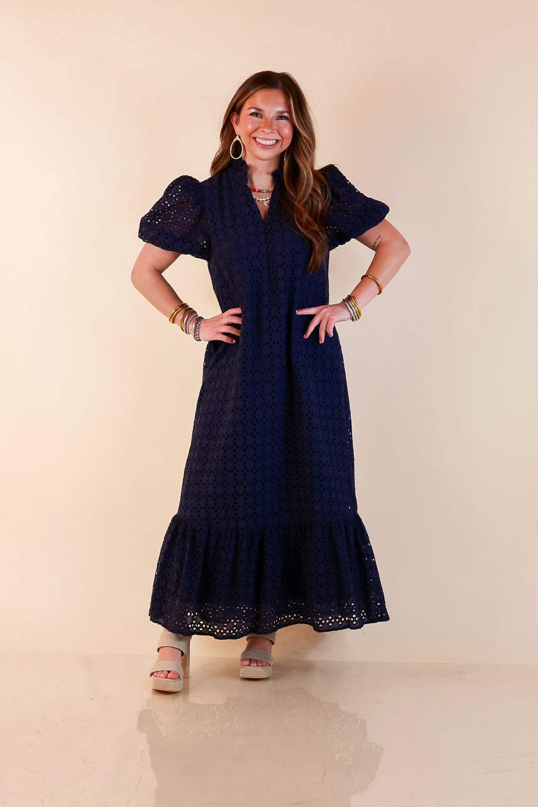Meet Me at Sunset Eyelet Lace Puff Sleeve Tiered Maxi Dress in Navy Blue
