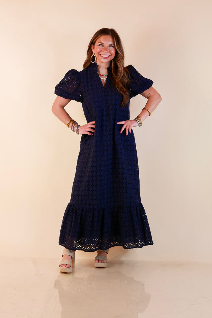 Meet Me at Sunset Eyelet Lace Puff Sleeve Tiered Maxi Dress in Navy Blue