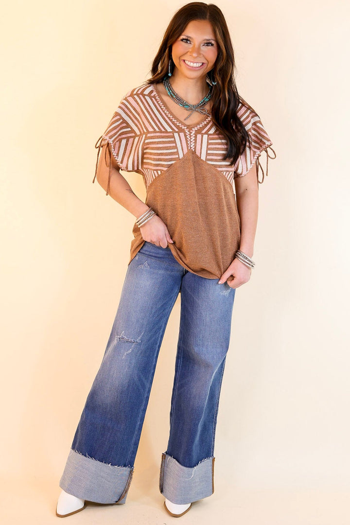 In the Desert Pink and Ivory Embroidered Top with Sleeve Ties in Brown