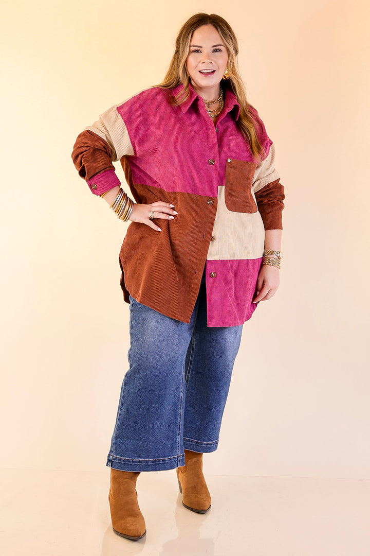 Casual Cuddles Color Block Corduroy Shacket in Magenta Mix