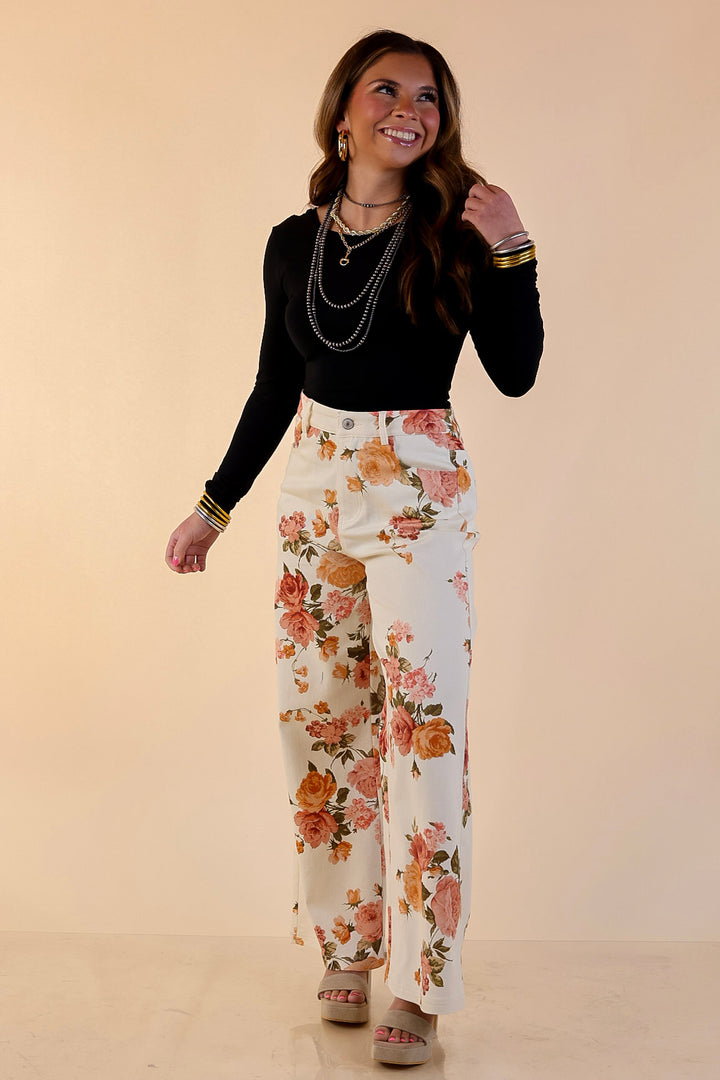 The Best Cropped Wide Leg Vintage Rose Floral Print Jeans in Ivory