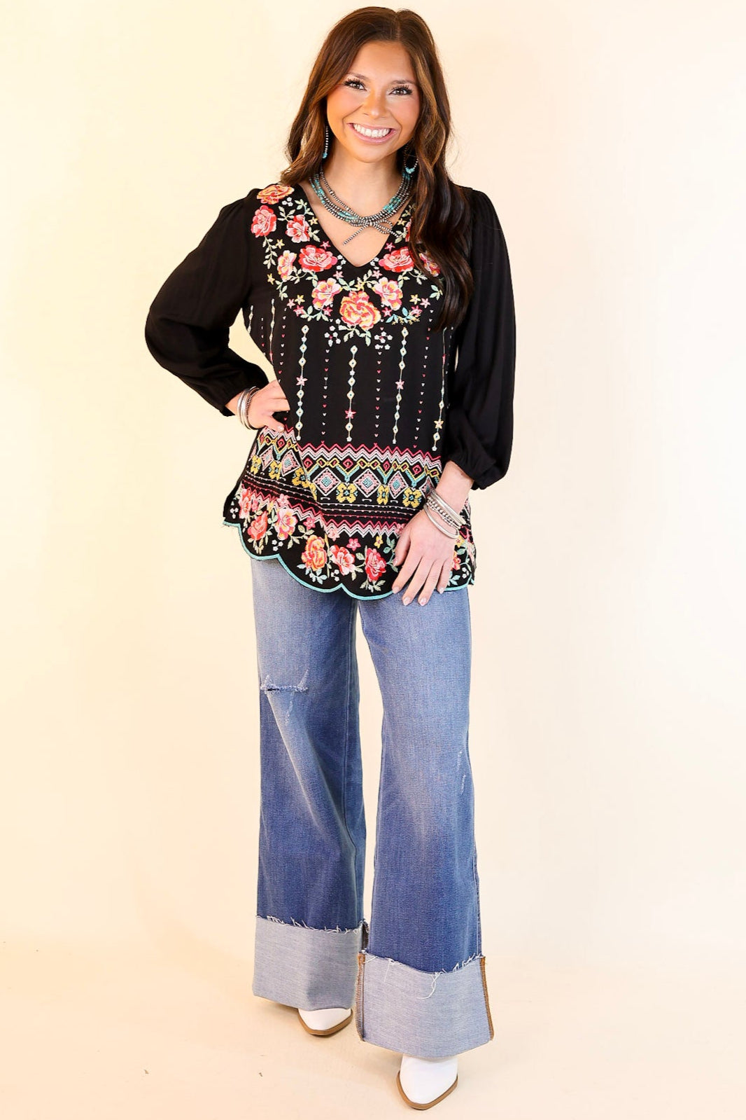 Early Bird Embroidered Front 3/4 Sleeve Top with V Neck in Black