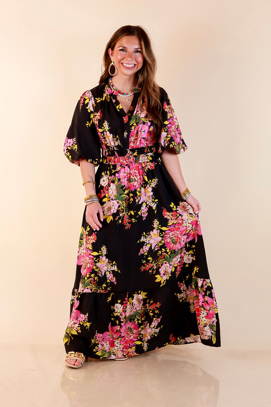 Reserved for Brunch Puff Sleeve Smocked Waist Floral Maxi Dress in Black Multi