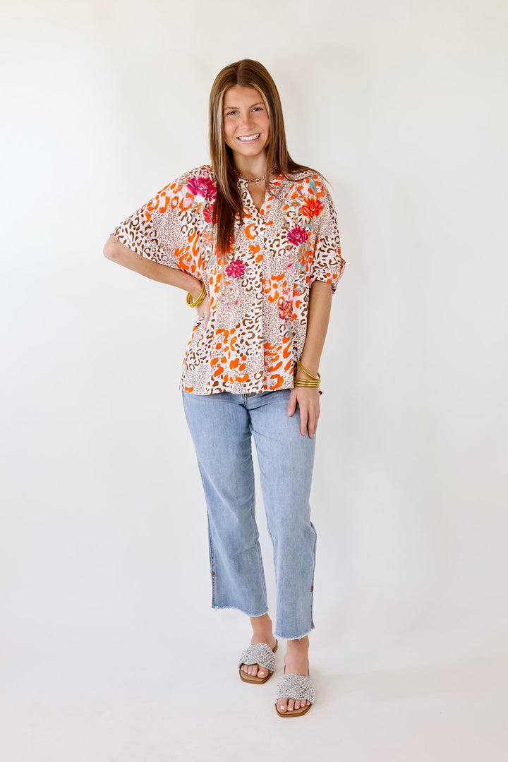 By Chance Leopard Print Top Short Sleeve Top with Floral Embroidery in Ivory - Giddy Up Glamour Boutique