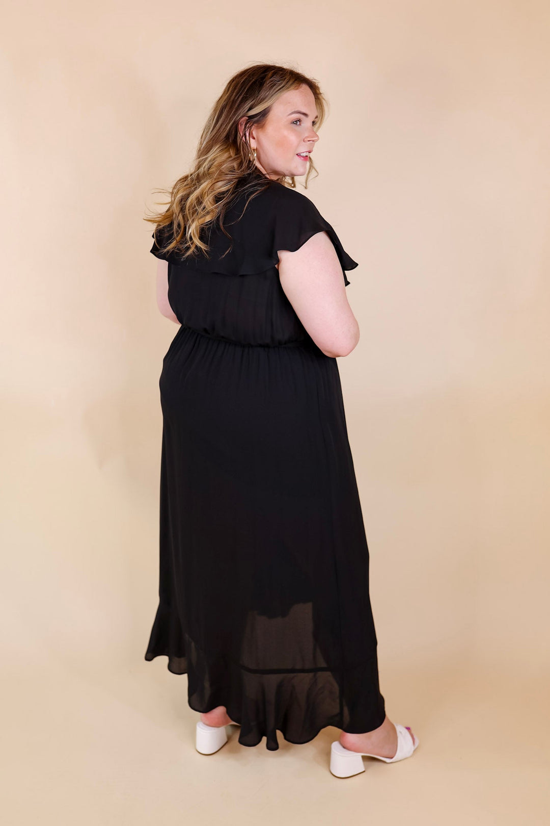 Tranquil Touch Ruffle Midi Dress with Waist Tie in Black - Giddy Up Glamour Boutique
