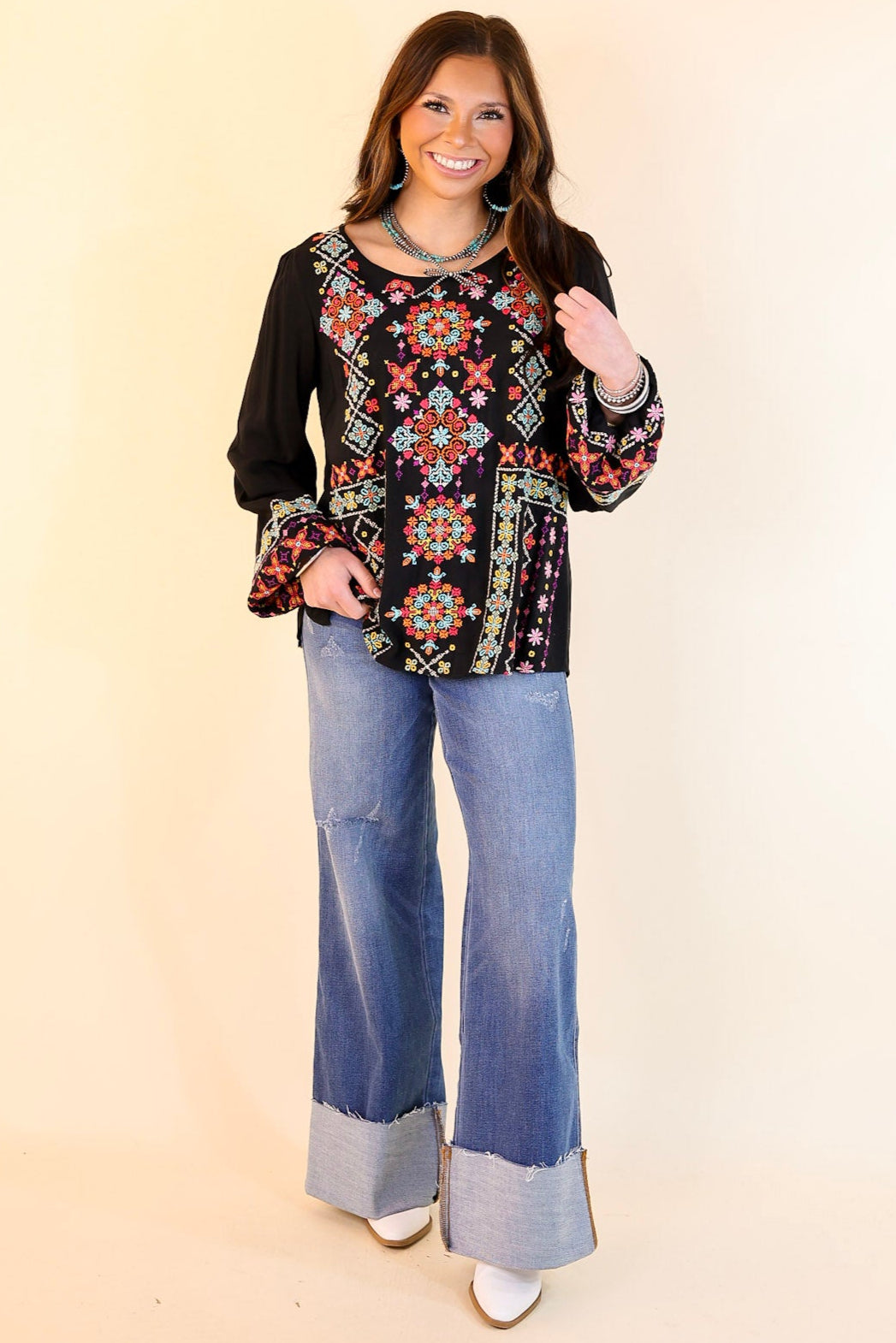 Wake Up Call Embroidered Long Sleeve Top in Black