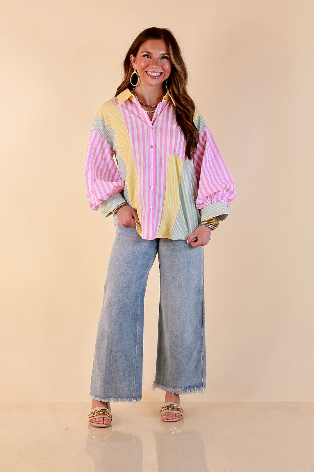 Lovely Impression Colorblock Stripe Button Front Top with Balloon Sleeves in Pink, Yellow and Green