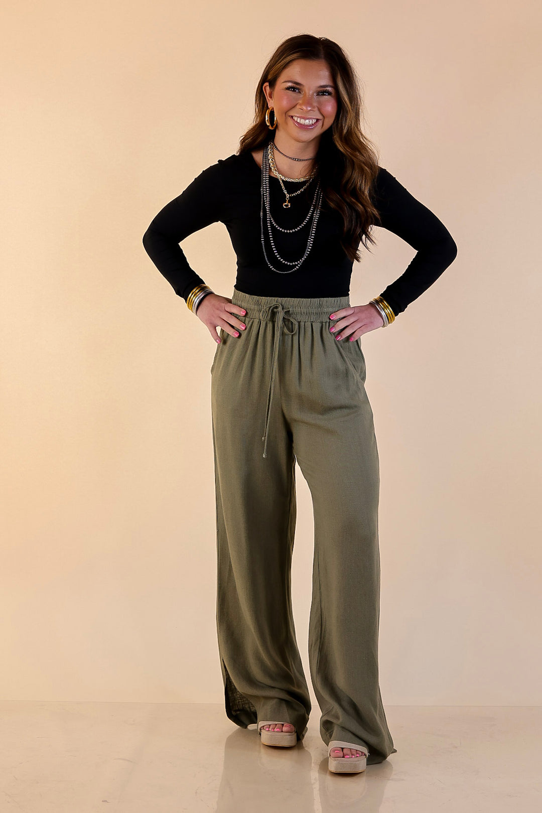 Styled in Comfort Linen Wide Leg Drawstring Pants in Olive Green
