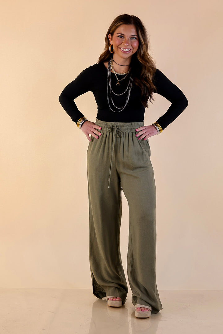 Styled in Comfort Linen Wide Leg Drawstring Pants in Olive Green