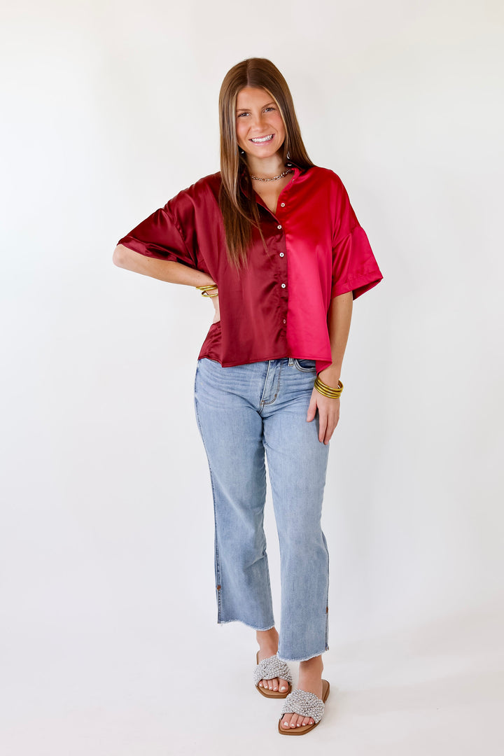 Meant To Be Happy Button Up Color Block Satin Top in Fuchsia Mix - Giddy Up Glamour Boutique