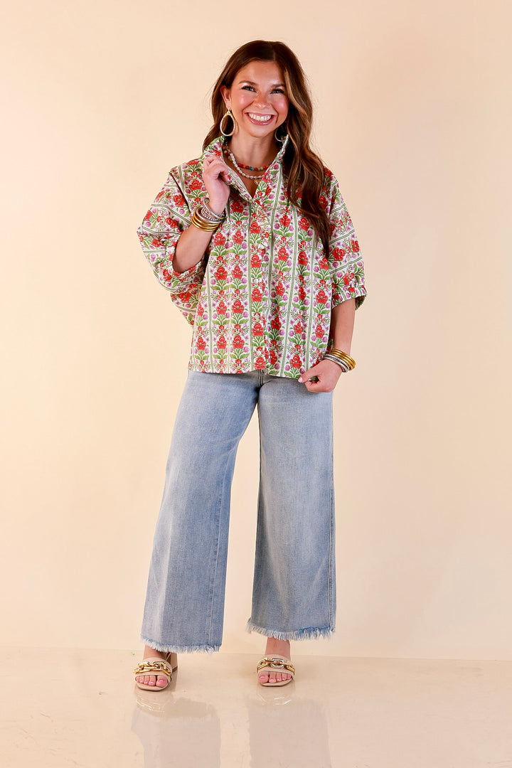 Charming Details Floral Print Button Front Dolman Top with Ruffle Collar in Ivory