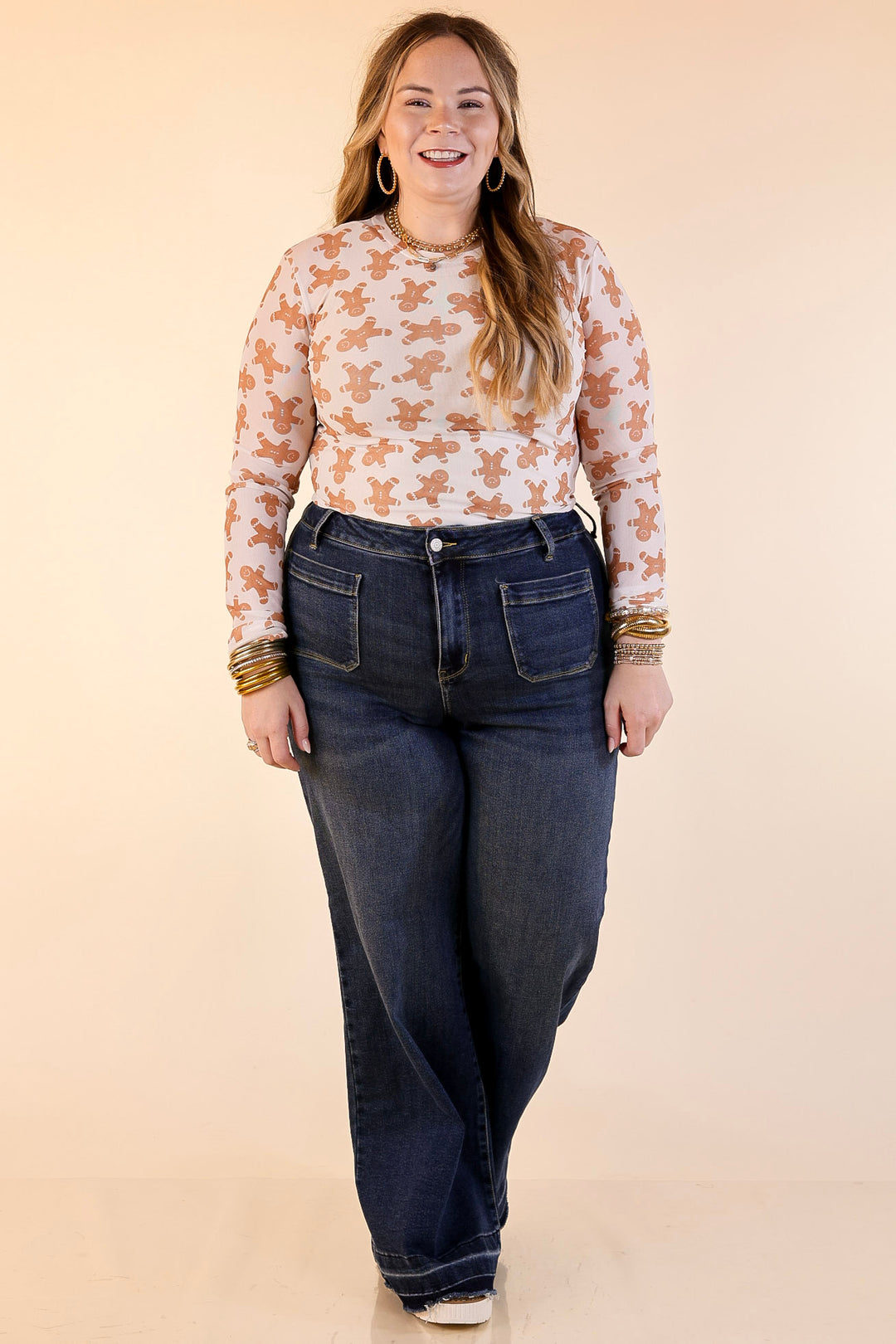 The Perfect Layer Gingerbread Print Mesh Long Sleeve Top in Ivory and Brown