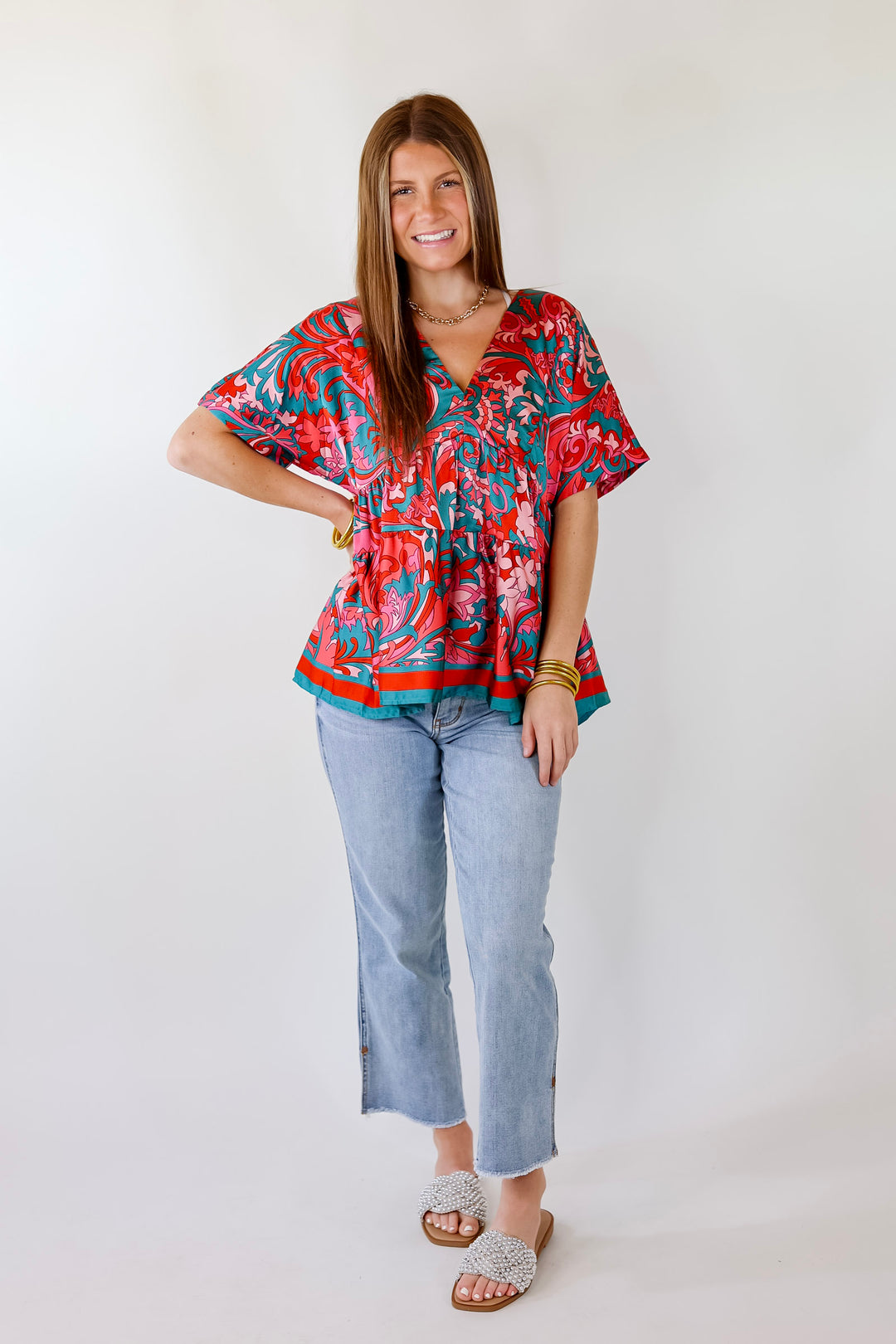 Merlot Meeting Baroque Print V Neck Top in Pink and Teal - Giddy Up Glamour Boutique