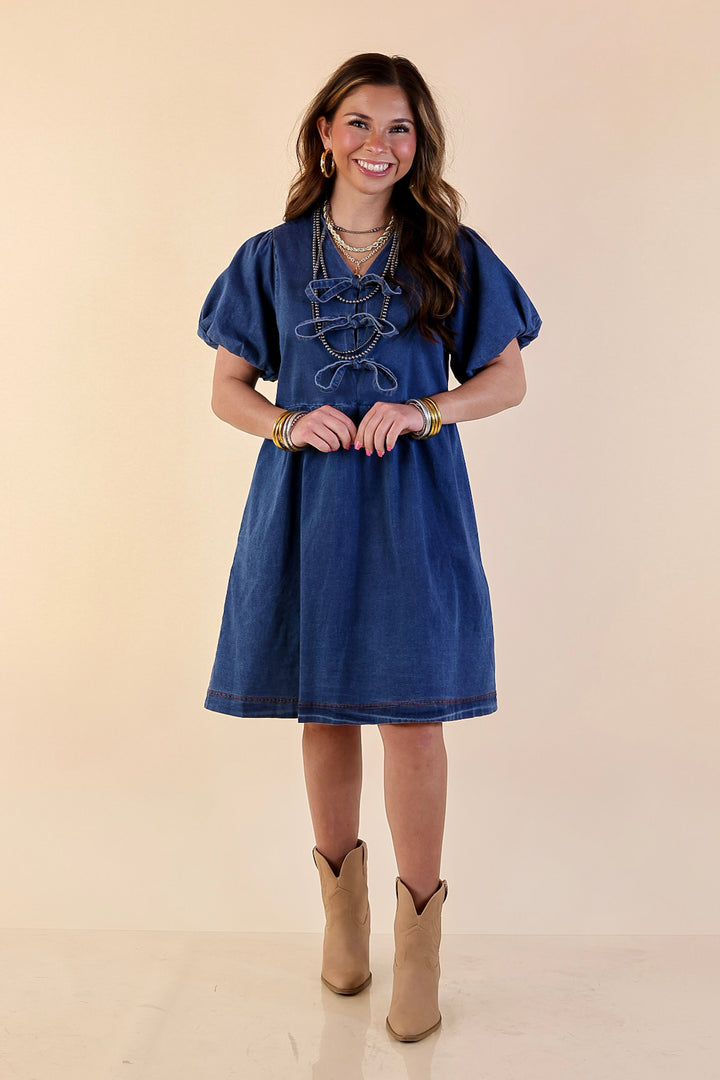 Timeless Trend Short Sleeve Denim Dress with Bows in Medium Wash