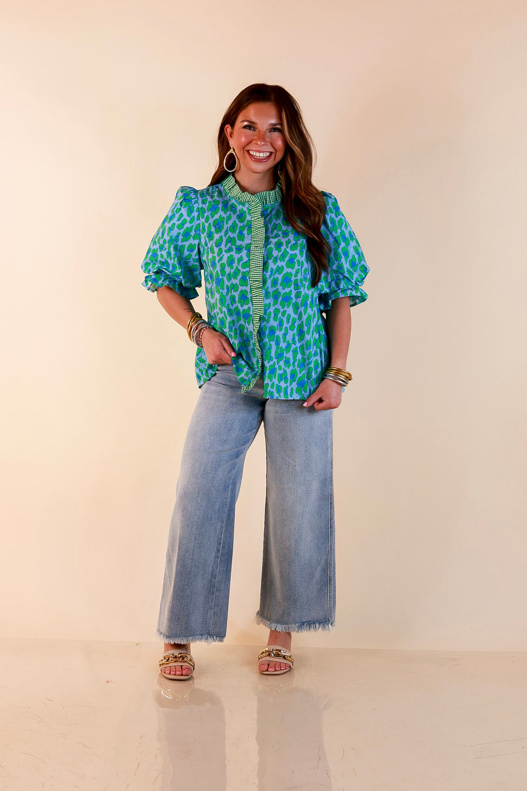 Catch the Compliments Puff Sleeve Ruffle Trim Leopard Print Statement Top in Green and Blue