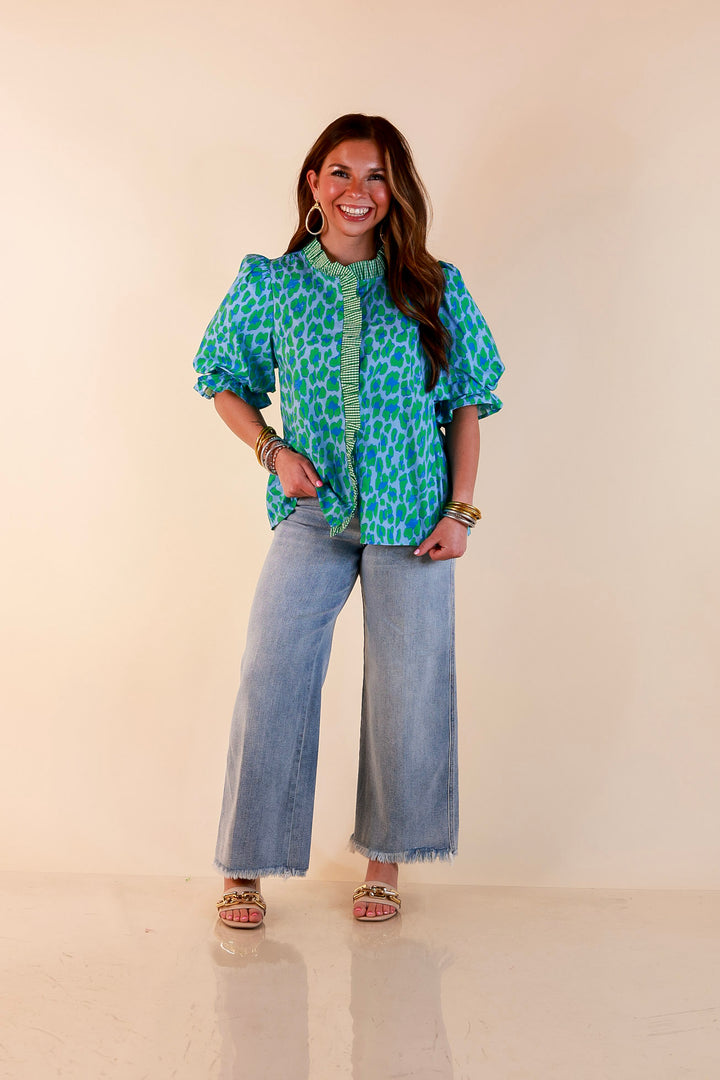 Catch the Compliments Puff Sleeve Ruffle Trim Leopard Print Statement Top in Green and Blue
