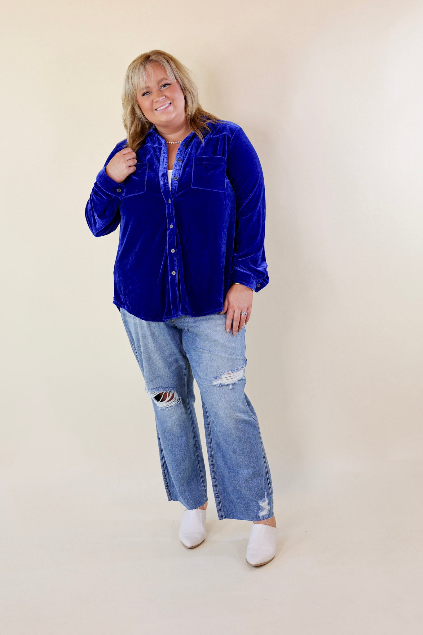 Candy Apple Evening Button Up Velvet Long Sleeve Blouse in Royal Blue - Giddy Up Glamour Boutique