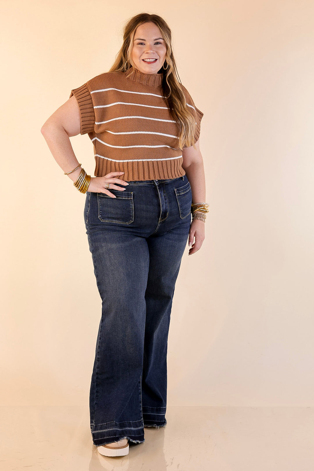 Sweet in Stripes Short Sleeve Striped Mock Neck Sweater in Camel Brown