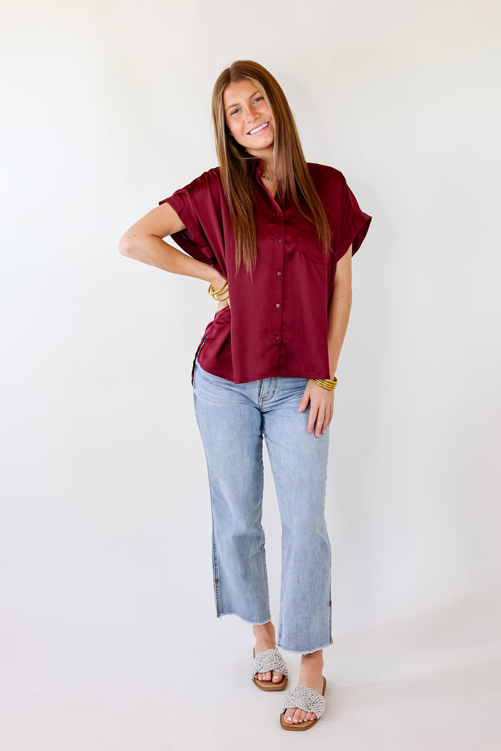 Free To Be Fab Button Up Short Sleeve Top in  Maroon - Giddy Up Glamour Boutique