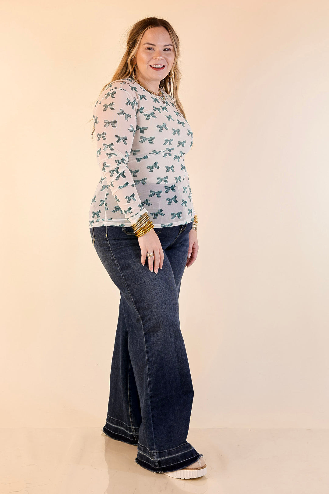 The Perfect Layer Bow Print Mesh Long Sleeve Top in Ivory and Green