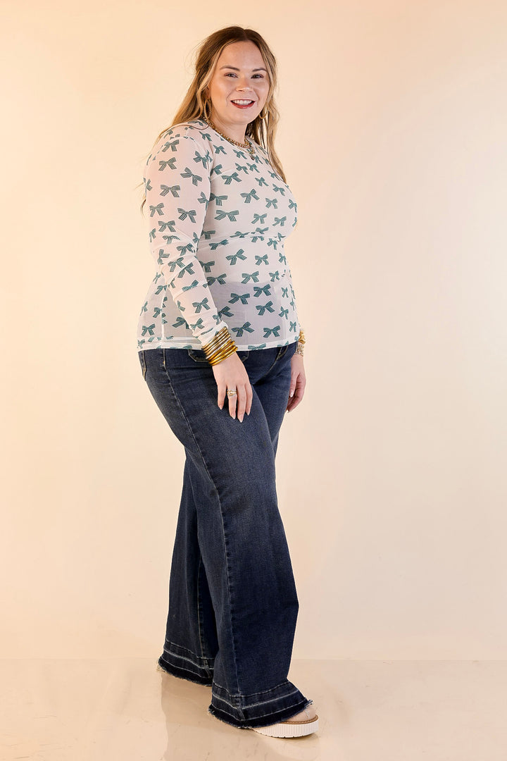 The Perfect Layer Bow Print Mesh Long Sleeve Top in Ivory and Green