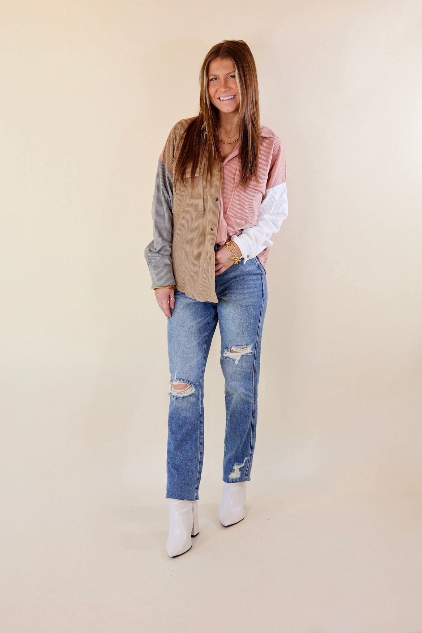 Cozy Perk Button Up Color Block Corduroy Shacket in Blush Pink and Tan - Giddy Up Glamour Boutique