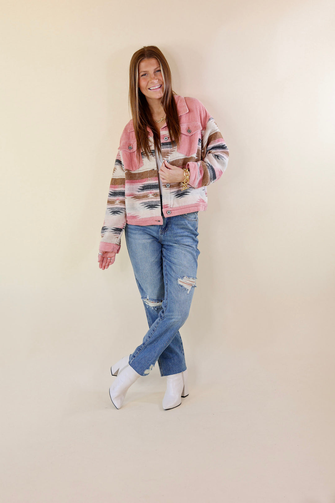 Hard To Forget Aztec Print Button Up Jacket with Corduroy Trim in Pink - Giddy Up Glamour Boutique