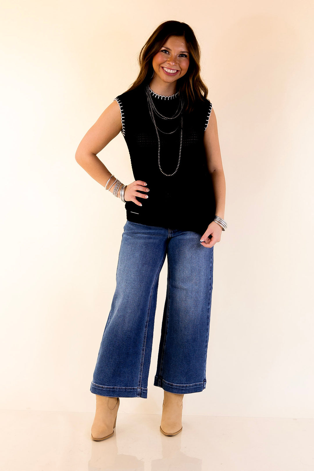 Simply Southern | Olivia Large Knit Sweater Vest with Contrast White Stitching in Black