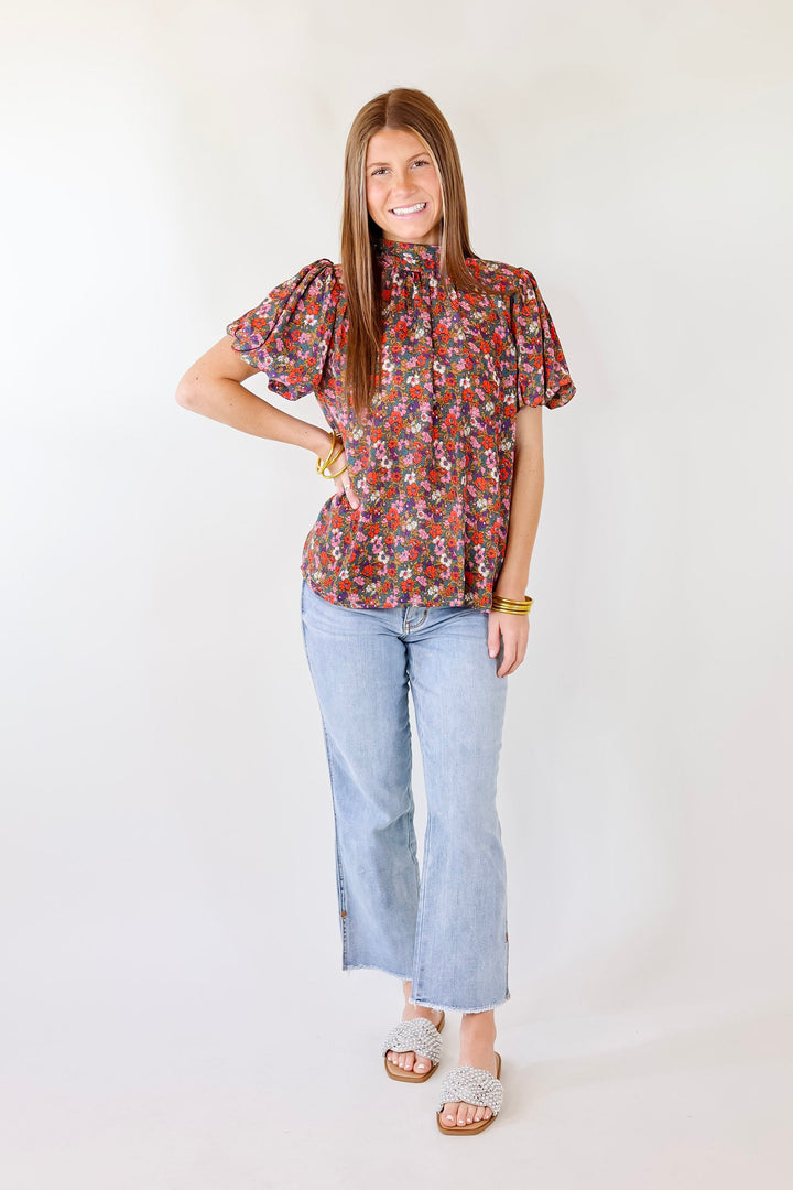 All Day Divine Mock Neck Floral Short Sleeve Top with Tie Back - Giddy Up Glamour Boutique