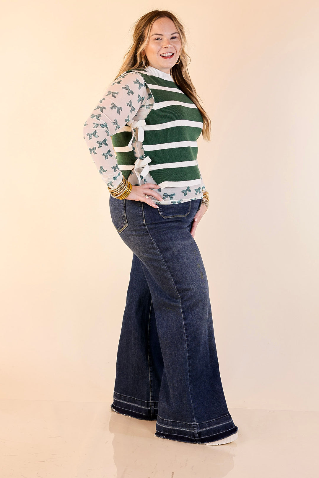 Tied Up in Style Knit Sweater with Side Ties in Forest Green with Off White Stripes