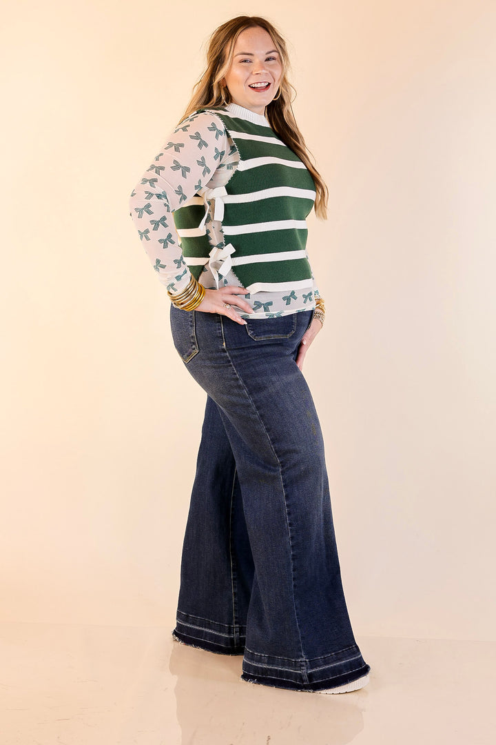 Tied Up in Style Knit Sweater with Side Ties in Forest Green with Off White Stripes