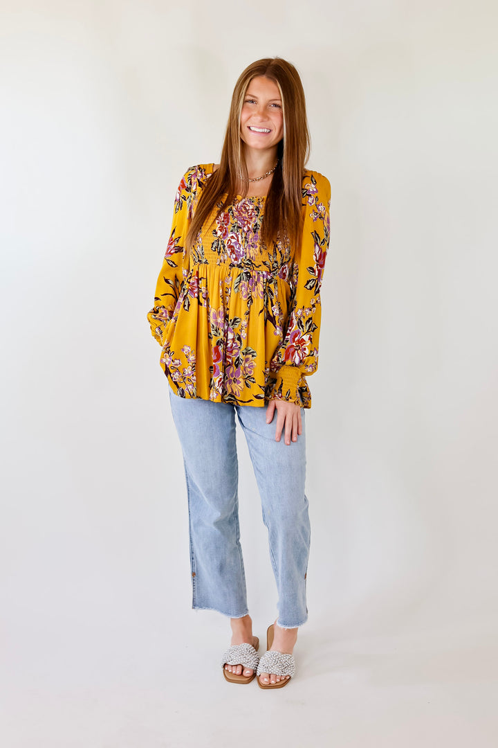 Fairfield Feeling Floral Smocked Babydoll Top with Long Sleeves in Mustard Yellow - Giddy Up Glamour Boutique