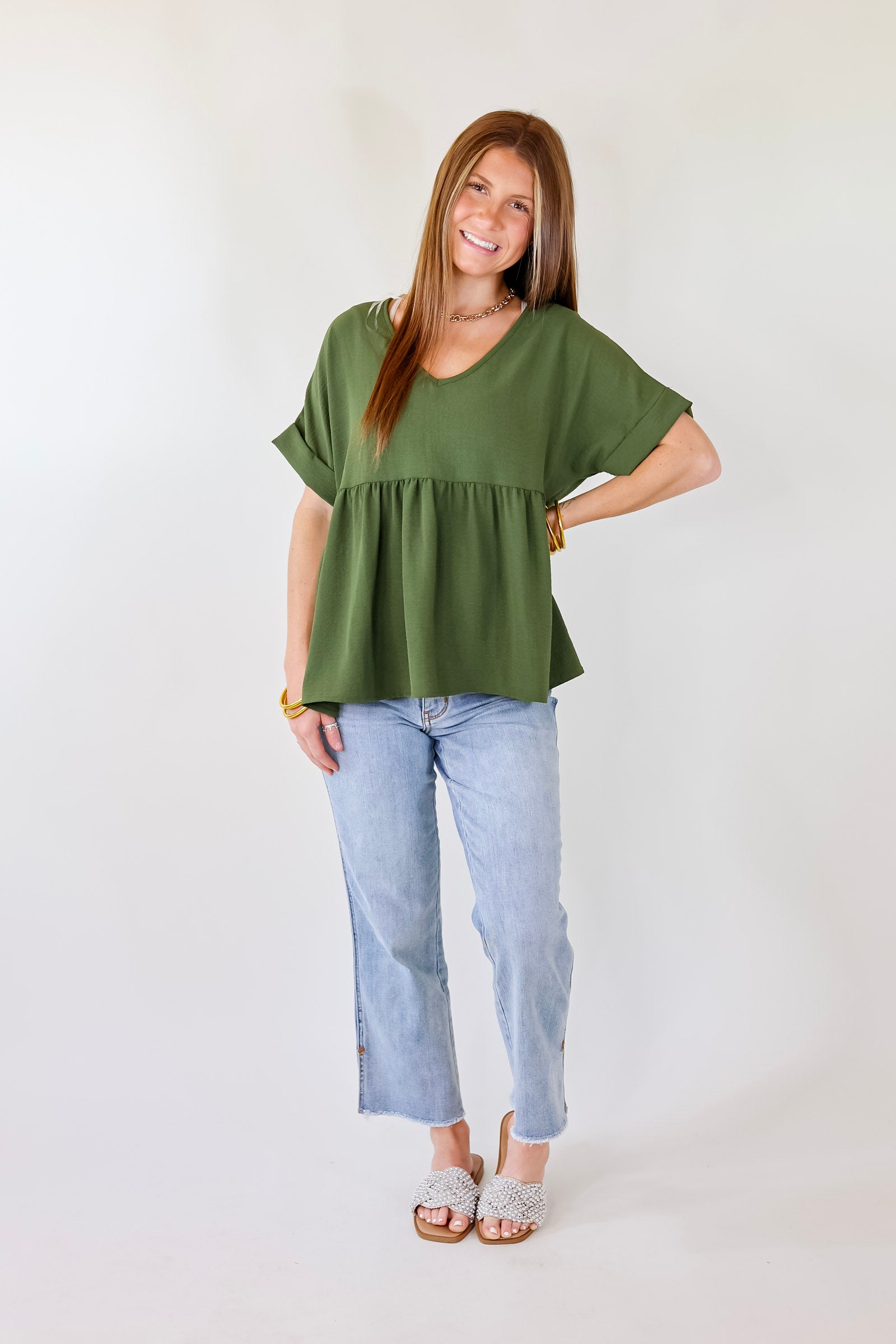 Touring the City Short Sleeve V Neck Babydoll Top in Olive Green - Giddy Up Glamour Boutique